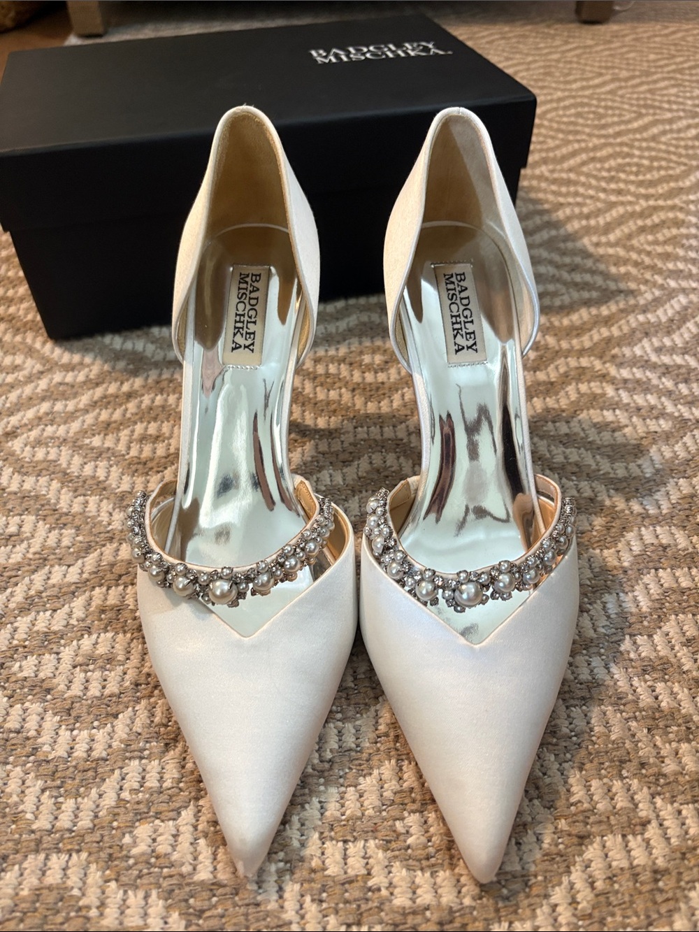 Badgley Mischka Cream Pearl & Crystal D'Orsay Pointed Toe Heels - Picture 2 of 7